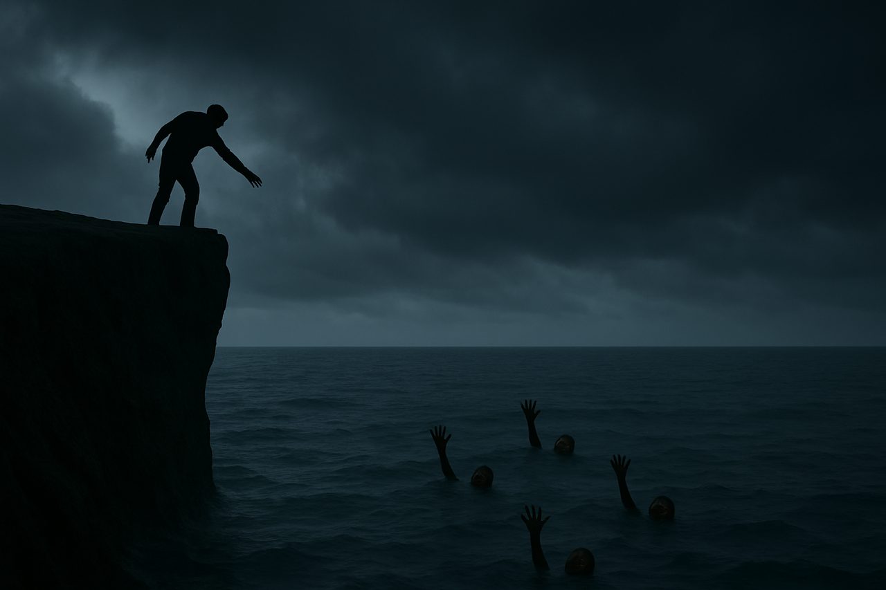 A solitary figure standing before a vast open sea