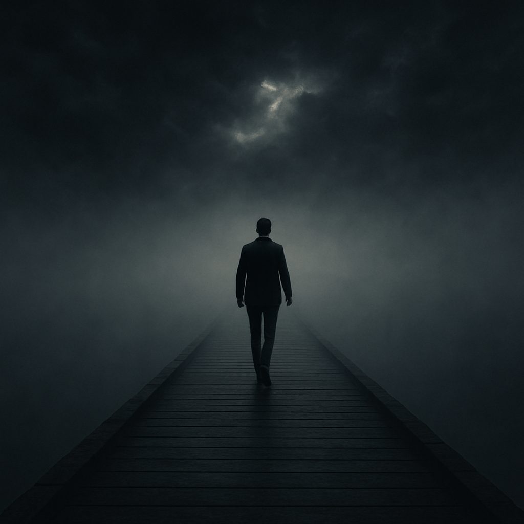 A lone figure stepping forward into uncertain light