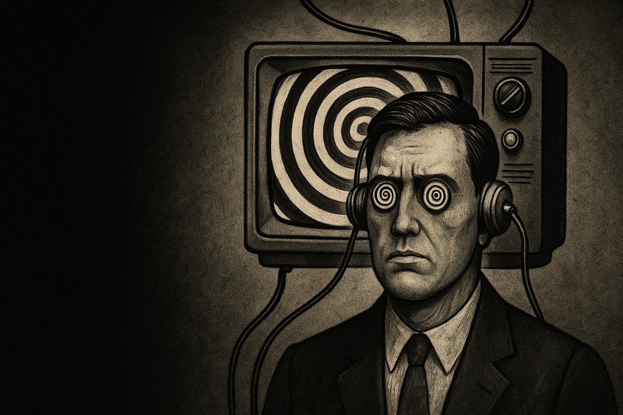 A cinematic illustration about media influence on the mind