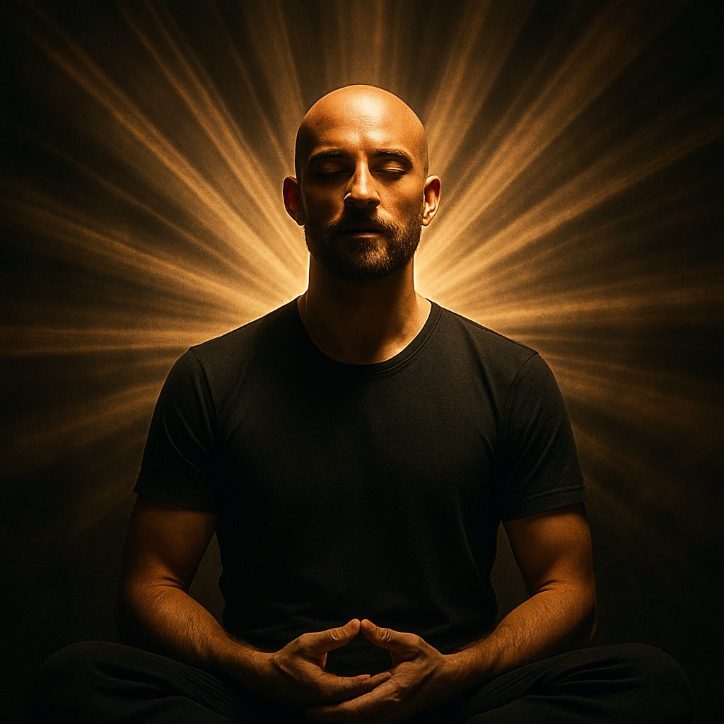A person sitting with eyes closed in quiet meditation