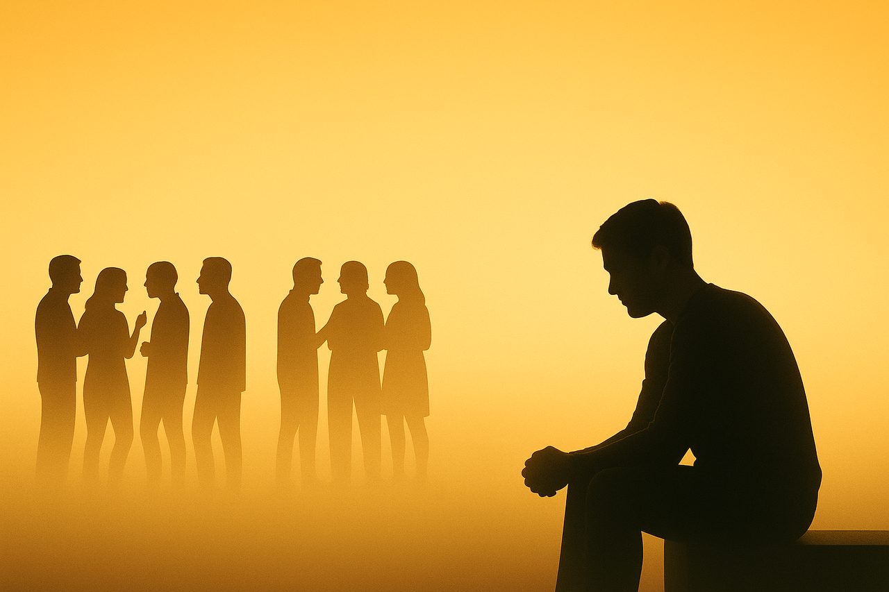 A lone figure set apart from a distant, blurred crowd of people