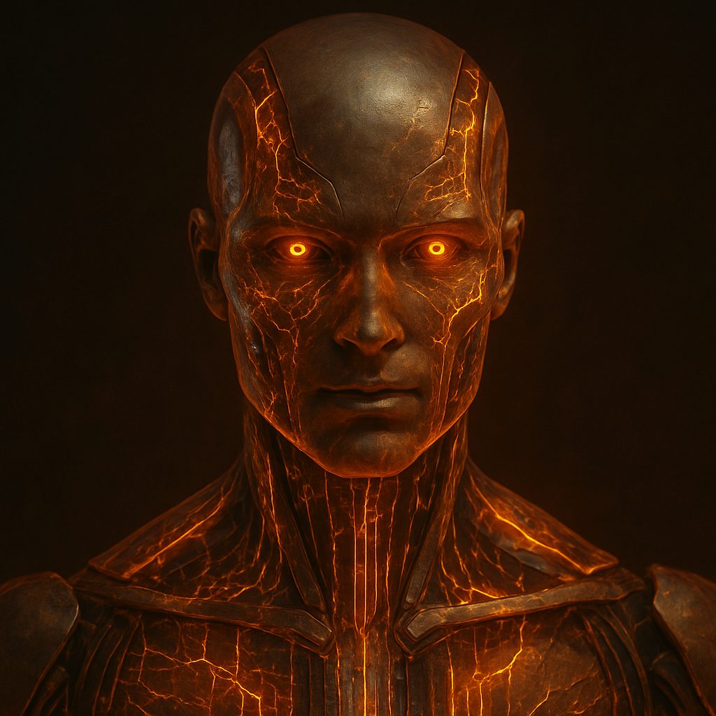 A humanoid android face glowing with orange circuitry against a dark background